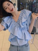 蓝色雪纺条纹泡泡袖衬衫女夏季法式小个子，别致绝美设计感小众上衣