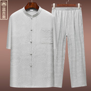 重磅男士真丝唐装套装夏季短袖桑蚕丝中式男装中老年人中国风华服