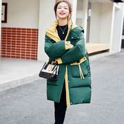 绿色羽绒棉服女中长款连帽冬季拼色洋气棉衣时尚加厚棉袄外套