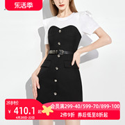 AUI设计感假两件撞色连衣裙女2023夏名媛气质修身显瘦中长裙