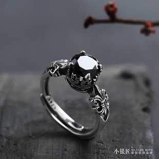 925纯银戒指天然黑玛瑙开口戒子男女款，时尚潮人个性复古指环