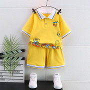 黄鸭子黄色休闲套装童夏装4t恤5六6岁小男孩短袖polo衫一整套个性