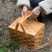 木质编织野餐篮购物篮带盖 网红户外水果提篮面包筐春游便携篮子