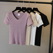 2024夏季紫色t恤女短款v领针织套头冰丝短袖，薄修身春秋装打底衫潮