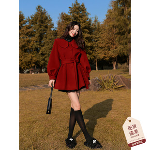 娃娃领红色羊毛，大衣女冬装系带，收腰减龄小个子双面呢子外套