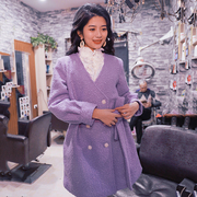 南君复古港风vintage风直筒，显瘦香芋紫色，毛呢外套双排扣大衣2021