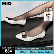 MIO米奥方跟尖头鞋子牛皮革低跟鞋蝴蝶结优雅时尚浅口单鞋女鞋