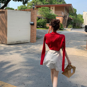 okma红色防晒针织开衫女夏季薄款外搭长袖透气休闲短款披肩上衣