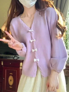 春季紫色v领针织开衫，女秋季外搭薄款毛衣，外套软糯温柔蝴蝶结上衣