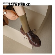 TATA PERKO联名棕色系带小皮鞋女百搭复古中跟福乐鞋圆头单鞋