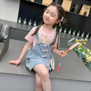 女童刺绣国风套装2024夏季中小童时髦衣服儿童牛仔裙两件套潮