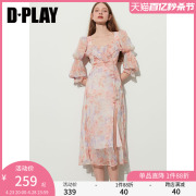 DPLAY2024夏海边度假裙粉色碎花裙荷叶边中袖雪纺连衣裙艺术长裙