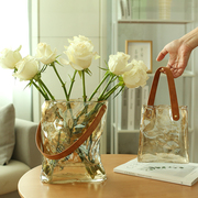 高级感花瓶玻璃透明创意水养鲜花玫瑰客厅摆件插花手提包加厚花器