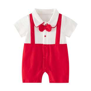 周岁礼服男宝宝一岁抓周大红色，喜庆连体衣服夏季薄百天婴儿百岁宴