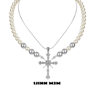 1JINN M2M小众双链条珍珠蛇骨拼接十字架轻奢项链高级叠戴配饰