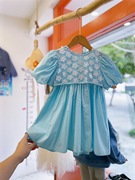 女童连衣裙夏装森系纯棉短袖，女宝宝小花，裙设计感湖蓝色衬衫裙儿童