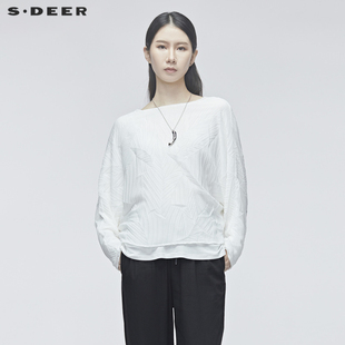 sdeer圣迪奥秋宽松肌理，褶皱蝙蝠袖，白色休闲长袖t恤女s20180225