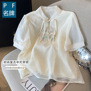 新中式国风雪纺刺绣衬衫女夏季衬衣短袖盘扣小衫立领提花上衣