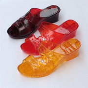 高跟拖鞋女 夏水晶果冻透明塑料坡跟鞋浴室洗澡粗跟5CM厚底拖鞋