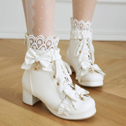 后拉链甜美蝴蝶结洛丽塔短靴子蕾丝系带马丁靴中跟粗跟大码女靴子