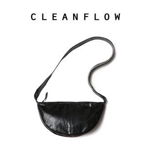 cleanflow黑色龟裂纹油蜡头层，牛皮半圆新月，单肩斜挎包小众设计