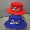 秋冬羊毛呢帽子女韩版时尚，水钻平顶帽百搭红色平檐礼帽蓝色宽檐帽