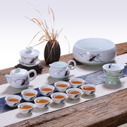 茶具套装陶瓷手绘荷花家用客厅中式现代简约防烫白茶壶盖碗泡茶杯