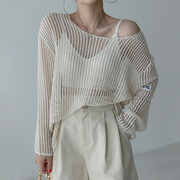 韩国chic夏季简约圆领套头宽松上衣，薄款镂空透视防晒针织衫罩衫女