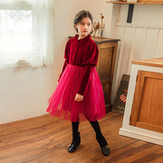 2021女童冬装韩国丝绒加厚公主，裙洋气女孩圣诞新年红色加绒长裙子