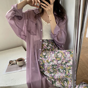 紫色防晒开衫女上衣2023夏季轻薄款长袖宽松过膝长款衬衫外套