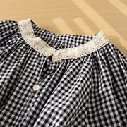 设计感小众镂空蕾丝，拼接圆领长袖衬衫女2024春秋法式格子上衣