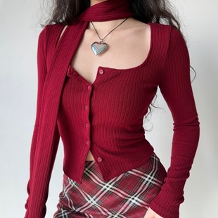 gogirlgo自制欧美新年战袍红色u领条纹针织开衫女修身长袖上衣