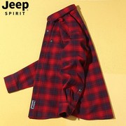 jeep吉普纯棉格子衬衫男士长袖，秋冬装红色休闲衬衣，设计感高级上衣