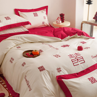 高档简约中式结婚四件套红色床单被套，全棉纯棉新婚庆(新婚庆)床上用品婚房