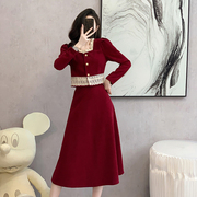 法式小香风连衣裙套装女冬季2023高级感红色订婚礼服裙两件套
