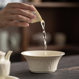 中式定窑灰釉建水茶桌干泡茶渣水孟茶道配件杯洗浮雕果碗水果盘