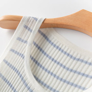 韩国春夏天丝羊毛短款针织马甲，女圆领修身奶蓝色条纹针织无袖背心