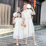 女童长裙夏季母女裙子，儿童亲子装中国风，蕾丝甜美罩衫吊带裙两件套