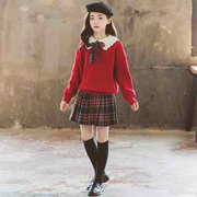 女童冬装套装2022女孩红色毛衣洋气时髦中大童裙子两件套秋冬