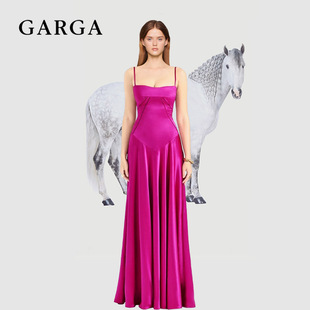 garga法式高级感玫红色，收腰鱼骨吊带，连衣裙女气质名媛长款晚礼服