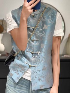 新中式国风盘扣背心外穿秋季小香风蓝色，印花马甲女洋气时髦