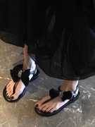 少女感满满！法式绝美凉鞋2024黑色蝴蝶结链条夹趾沙滩罗马鞋