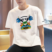 阿迪达斯白色t恤男春季熊猫印花半袖，宽松篮球运动短袖hc3828