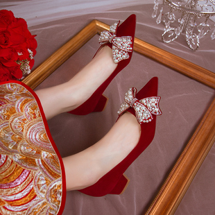 婚鞋新娘鞋法式2023年春季粗跟秀禾婚纱两穿红色高跟鞋女结婚