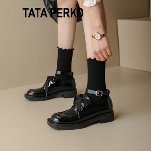 tataperko联名色一字带，粗跟女单鞋方头，系带乐福鞋大头皮鞋