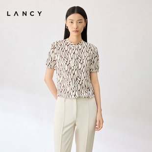 LANCY/朗姿夏季真丝几何印花立领衬衫桑蚕丝短袖女上衣通勤衬衣