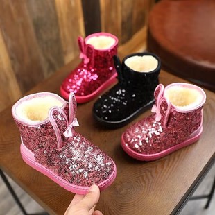 儿童雪地靴女童冬季棉靴加绒亮片朵小童女孩，靴子防滑宝宝短靴