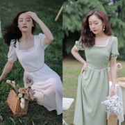 绿色雪纺连衣裙收腰显瘦法式复古气质方领格子裙女2024年夏