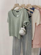 绿色u领短款正肩针织短袖t恤女夏季2024设计感小众小个子上衣