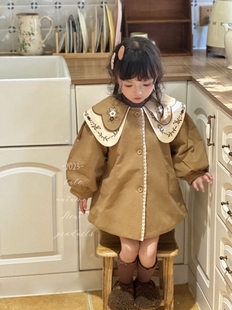 2023年冬季女童夹棉棉服 韩版刺绣卡其色宝宝中长款加厚外套